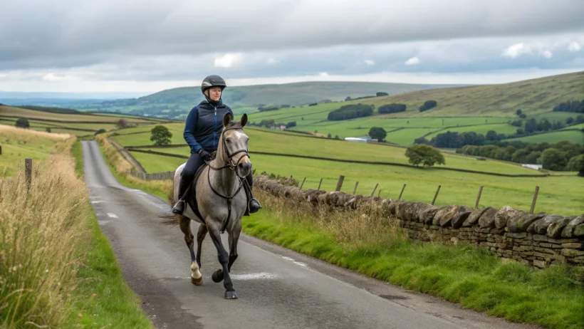 Novice rider on calm horse along gentle Cumbrian bridleway