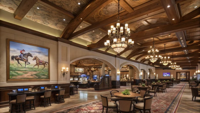 Luxury casino interior featuring rustic wood beams and equestrian themed artwork