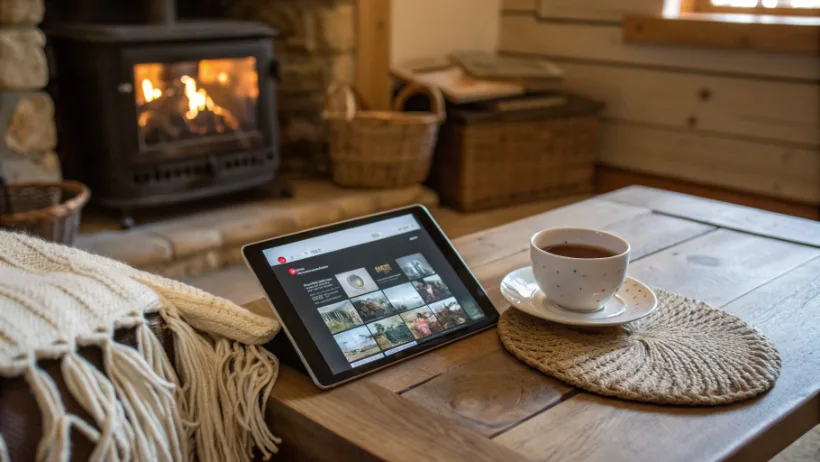 Tablet showing online entertainment in cozy countryside cottage setting
