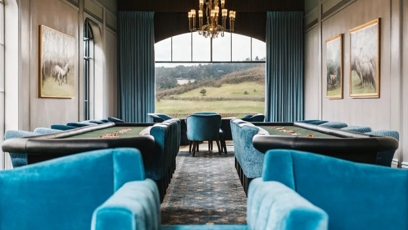 Casino lounge area with horse paintings and countryside landscape photography