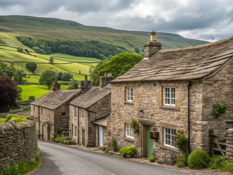 Traditional stone buildings in Ravenstonedale village with countryside backdrop